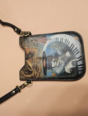 Artistic Musical Print Crossbody Card Holder - Black/Brown